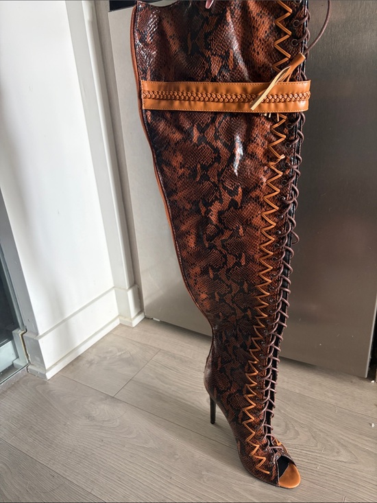 Shoes - Women’s Brown Faux Snakeskin Lace-Up Peep-Toe High Heel Boot